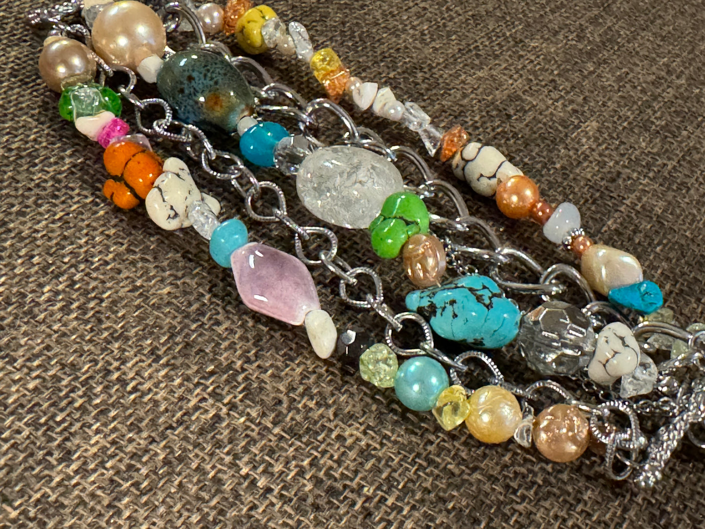Vintage Signed dB Multi-Strand Gemstone and Pearl Statement Bracelet - 8"