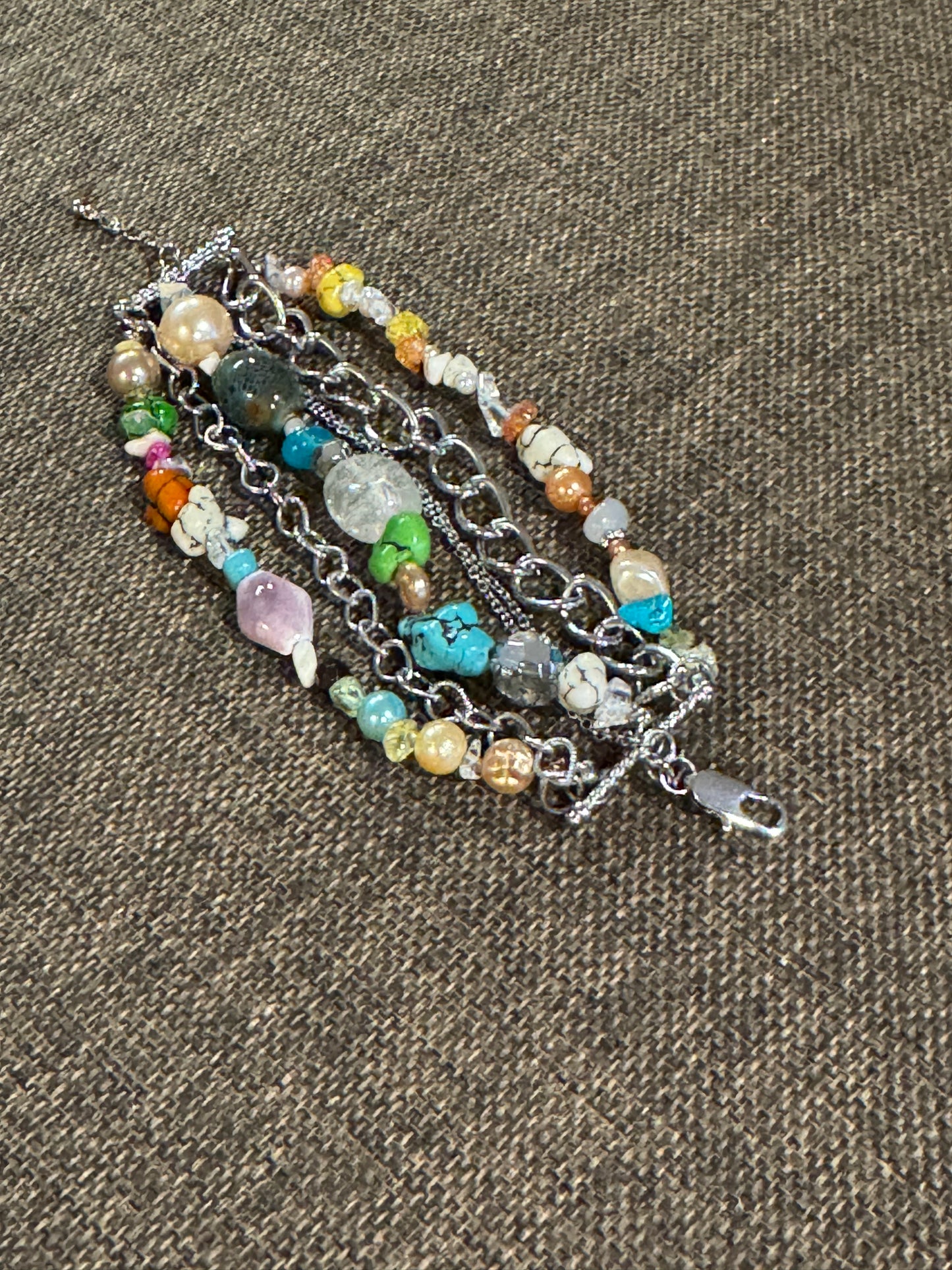 Vintage Signed dB Multi-Strand Gemstone and Pearl Statement Bracelet - 8"