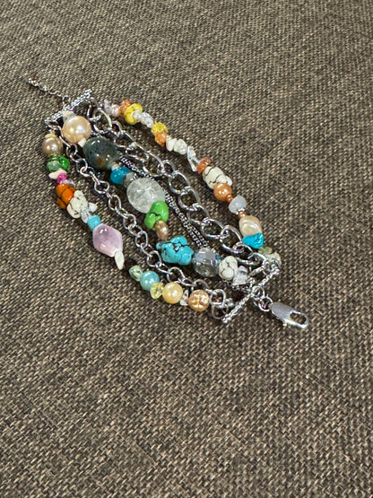 Vintage Signed dB Multi-Strand Gemstone and Pearl Statement Bracelet - 8"