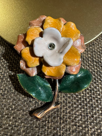 Vintage Mid-Century Enamel Flower Brooch | Tiered 3D Floral Pin