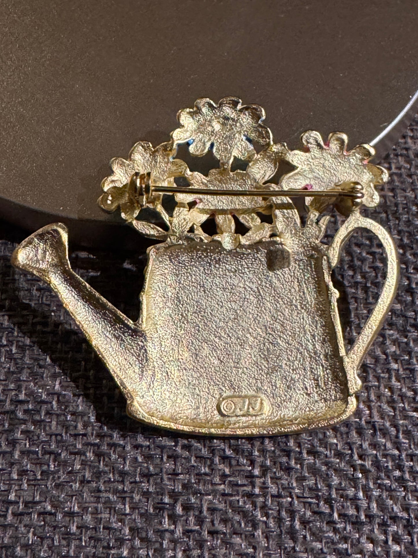 Vintage Signed JJ Jonette “Artifacts” Watering Can Brooch | Enamel Floral Pin