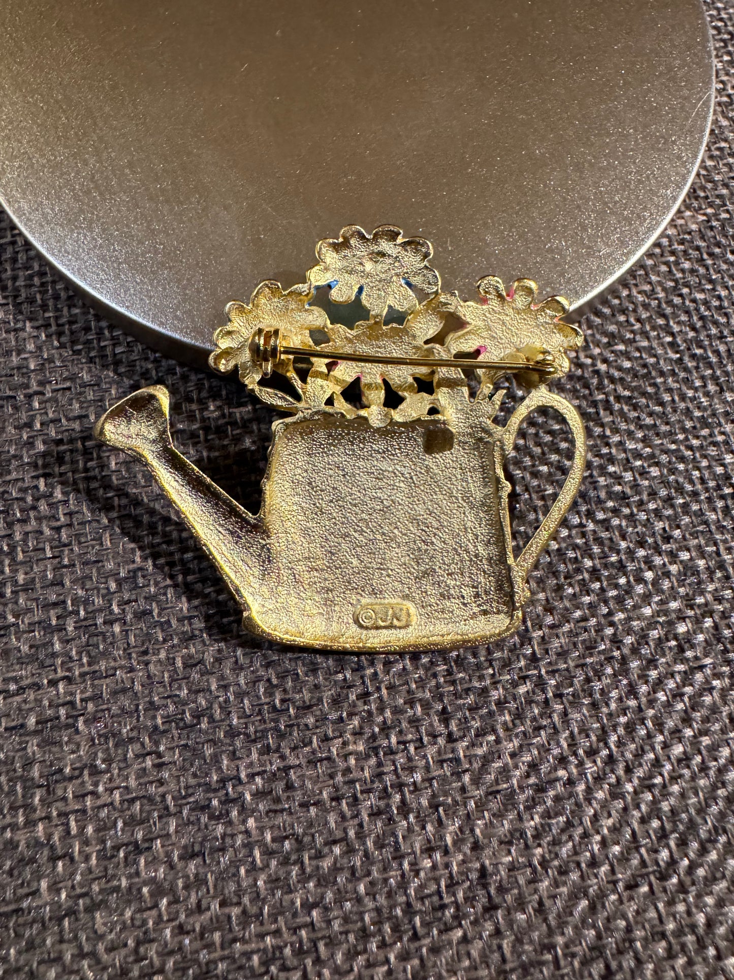 Vintage Signed JJ Jonette “Artifacts” Watering Can Brooch | Enamel Floral Pin