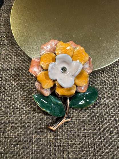 Vintage Mid-Century Enamel Flower Brooch | Tiered 3D Floral Pin