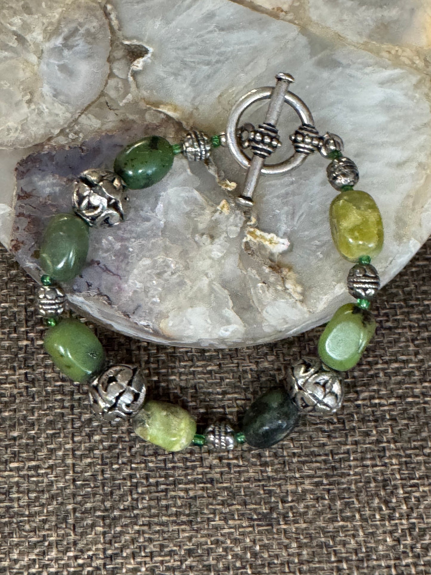 Green Gemstone and Silver-Tone Bead Bracelet | Connemara Marble or Jade