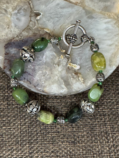 Green Gemstone and Silver-Tone Bead Bracelet | Connemara Marble or Jade