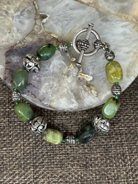 Green Gemstone and Silver-Tone Bead Bracelet | Connemara Marble or Jade