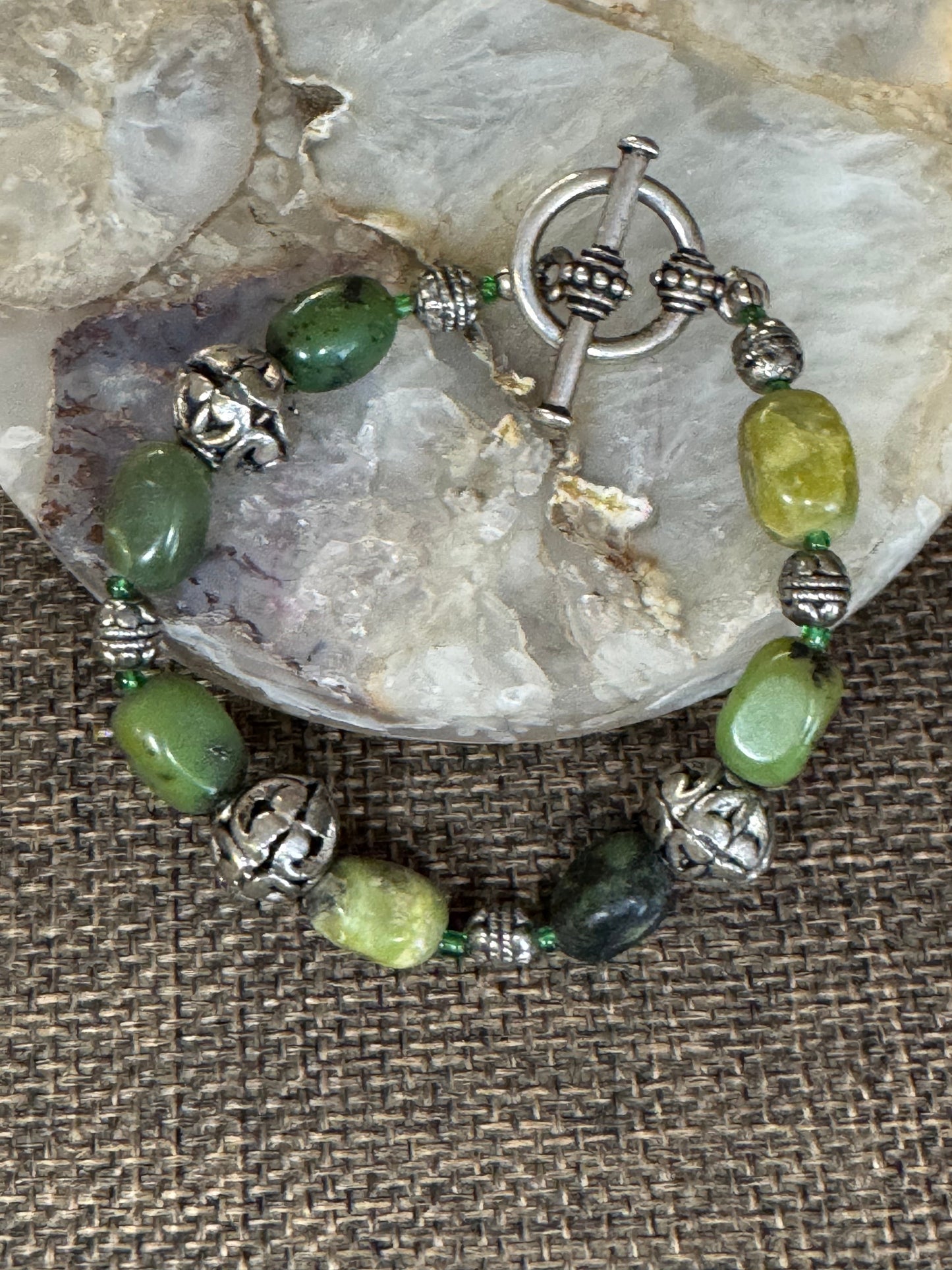 Green Gemstone and Silver-Tone Bead Bracelet | Connemara Marble or Jade