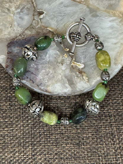 Green Gemstone and Silver-Tone Bead Bracelet | Connemara Marble or Jade
