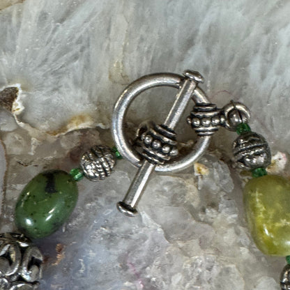 Green Gemstone and Silver-Tone Bead Bracelet | Connemara Marble or Jade