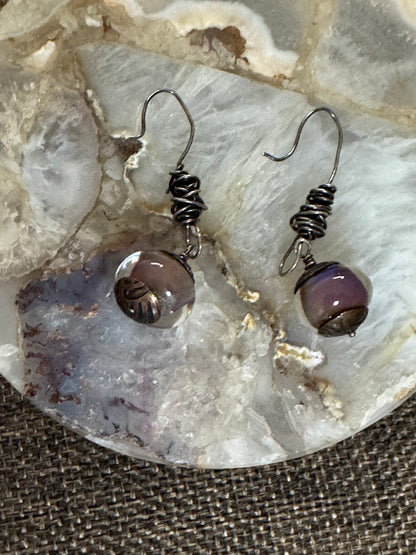 Vintage-Style Purple Bead Drop Earrings | Silver-Tone Wire Wrap Design