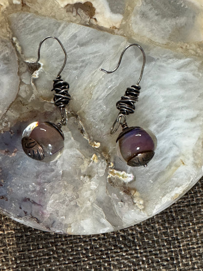 Vintage-Style Purple Bead Drop Earrings | Silver-Tone Wire Wrap Design
