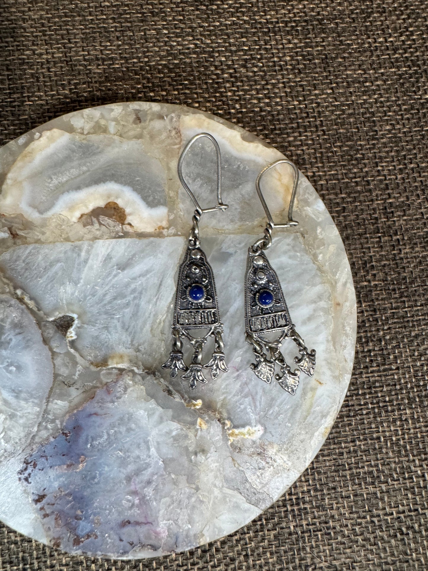 Vintage Ethnic Lapis Lazuli Dangle Earrings | Sterling Silver Filigree Design