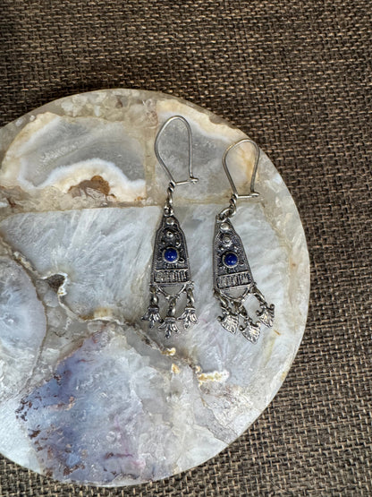 Vintage Ethnic Lapis Lazuli Dangle Earrings | Sterling Silver Filigree Design