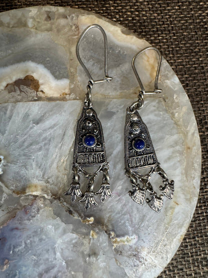 Vintage Ethnic Lapis Lazuli Dangle Earrings | Sterling Silver Filigree Design