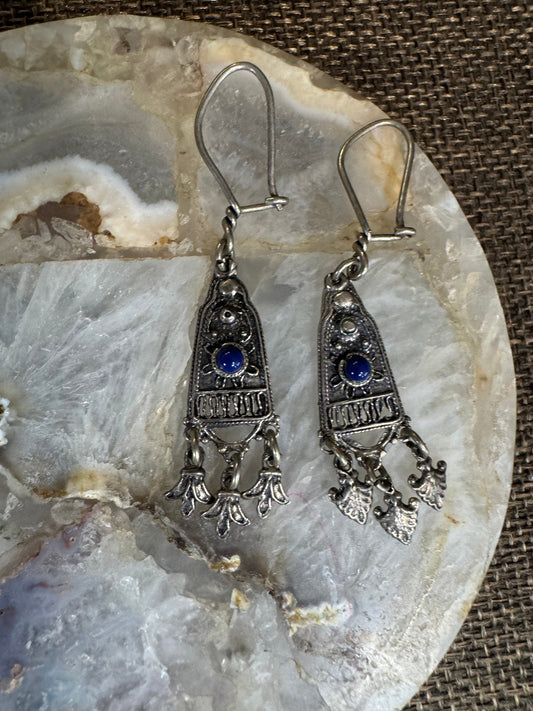 Vintage Ethnic Lapis Lazuli Dangle Earrings | Sterling Silver Filigree Design