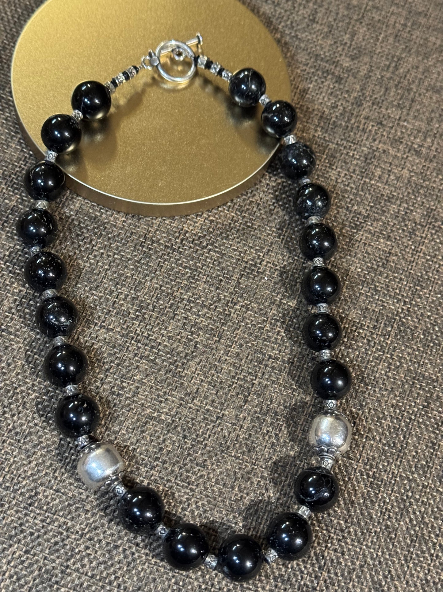 Black Onyx and Sterling Silver Bead Necklace | Adjustable Bolo Style