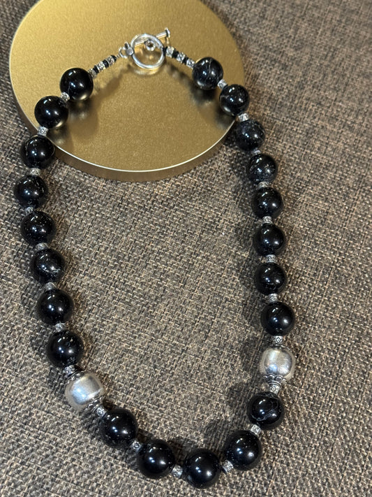 Black Onyx and Sterling Silver Bead Necklace | Adjustable Bolo Style