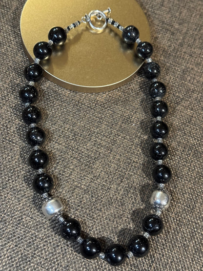 Black Onyx and Sterling Silver Bead Necklace | Adjustable Bolo Style