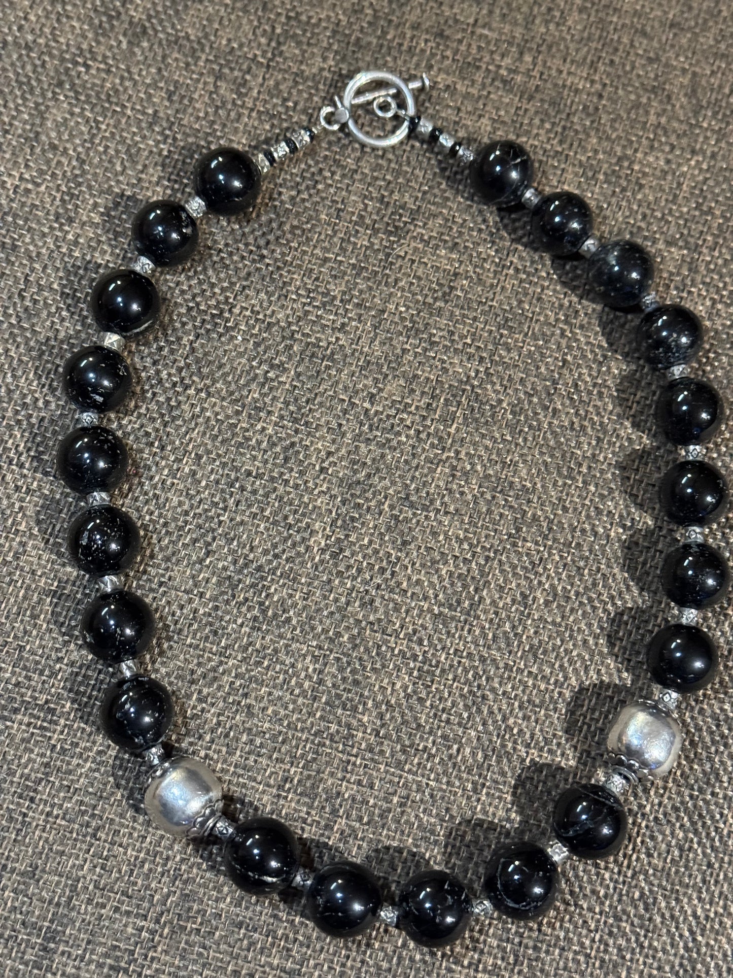 Black Onyx and Sterling Silver Bead Necklace | Adjustable Bolo Style