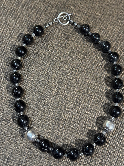 Black Onyx and Sterling Silver Bead Necklace | Adjustable Bolo Style