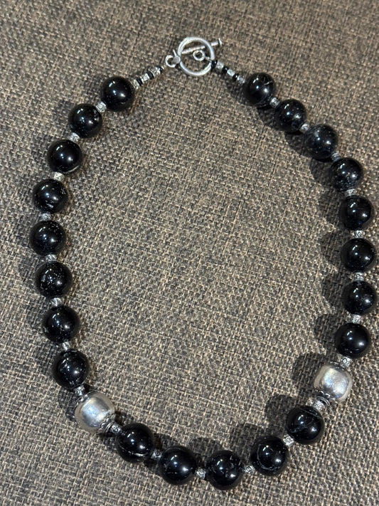 Black Onyx and Sterling Silver Bead Necklace | Adjustable Bolo Style