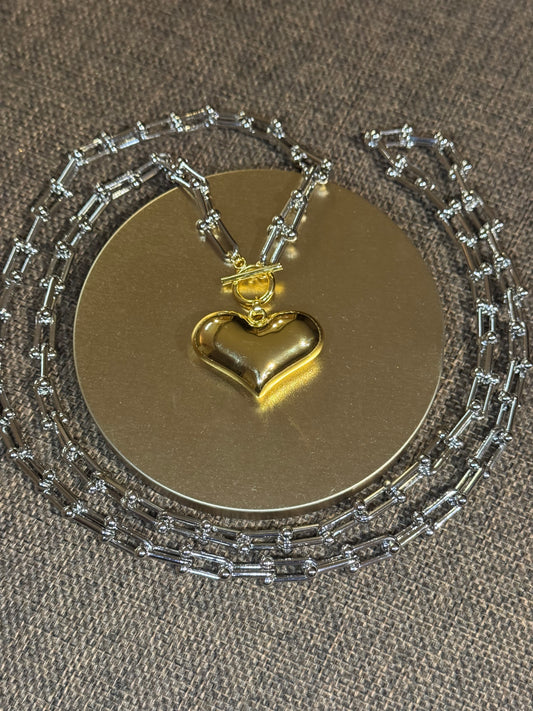 Chunky Link Heart Necklace | Puffed Heart Pendant – 36"