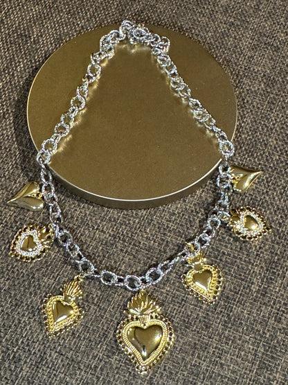 Elizabeth Mixed-Metal Heart Charm Necklace | Statement Chain