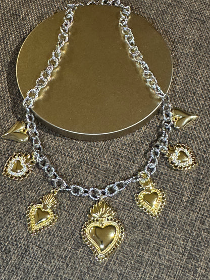 Elizabeth Mixed-Metal Heart Charm Necklace | Statement Chain