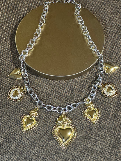 Elizabeth Mixed-Metal Heart Charm Necklace | Statement Chain