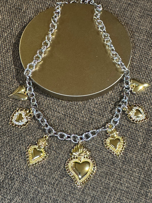 Elizabeth Mixed-Metal Heart Charm Necklace | Statement Chain