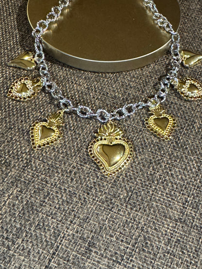 Elizabeth Mixed-Metal Heart Charm Necklace | Statement Chain