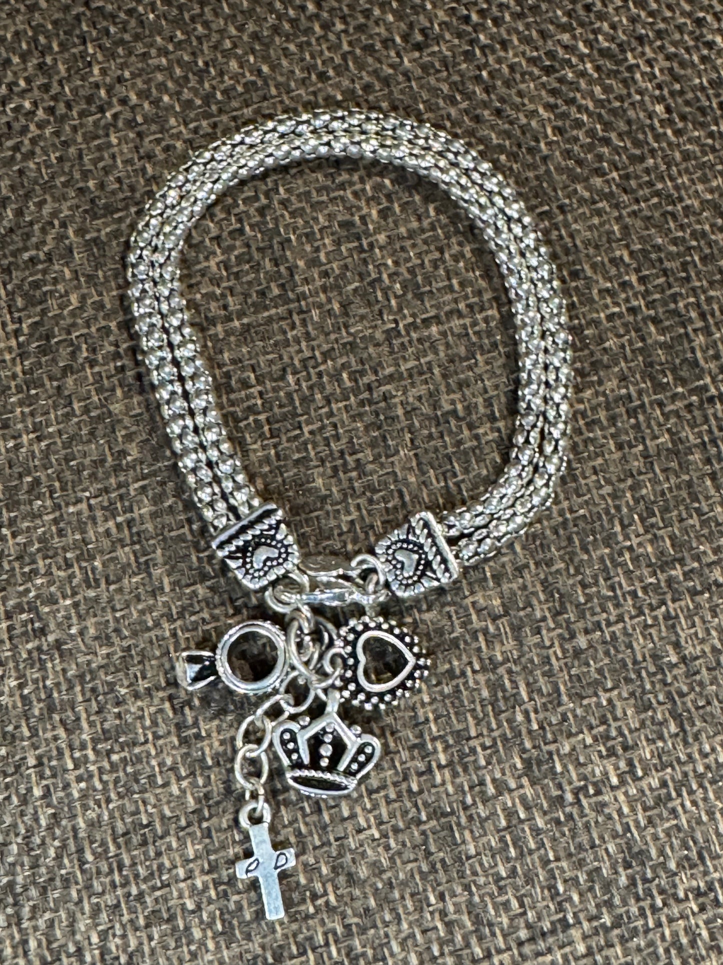 Signed Premier Designs Silver Hostess Charm Bracelet | Heart, Crown, Cross & Ring