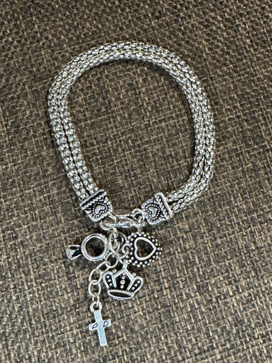 Signed Premier Designs Silver Hostess Charm Bracelet | Heart, Crown, Cross & Ring