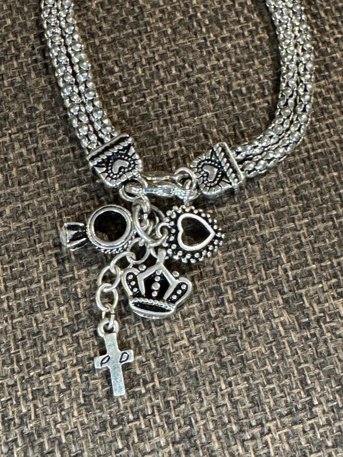 Signed Premier Designs Silver Hostess Charm Bracelet | Heart, Crown, Cross & Ring