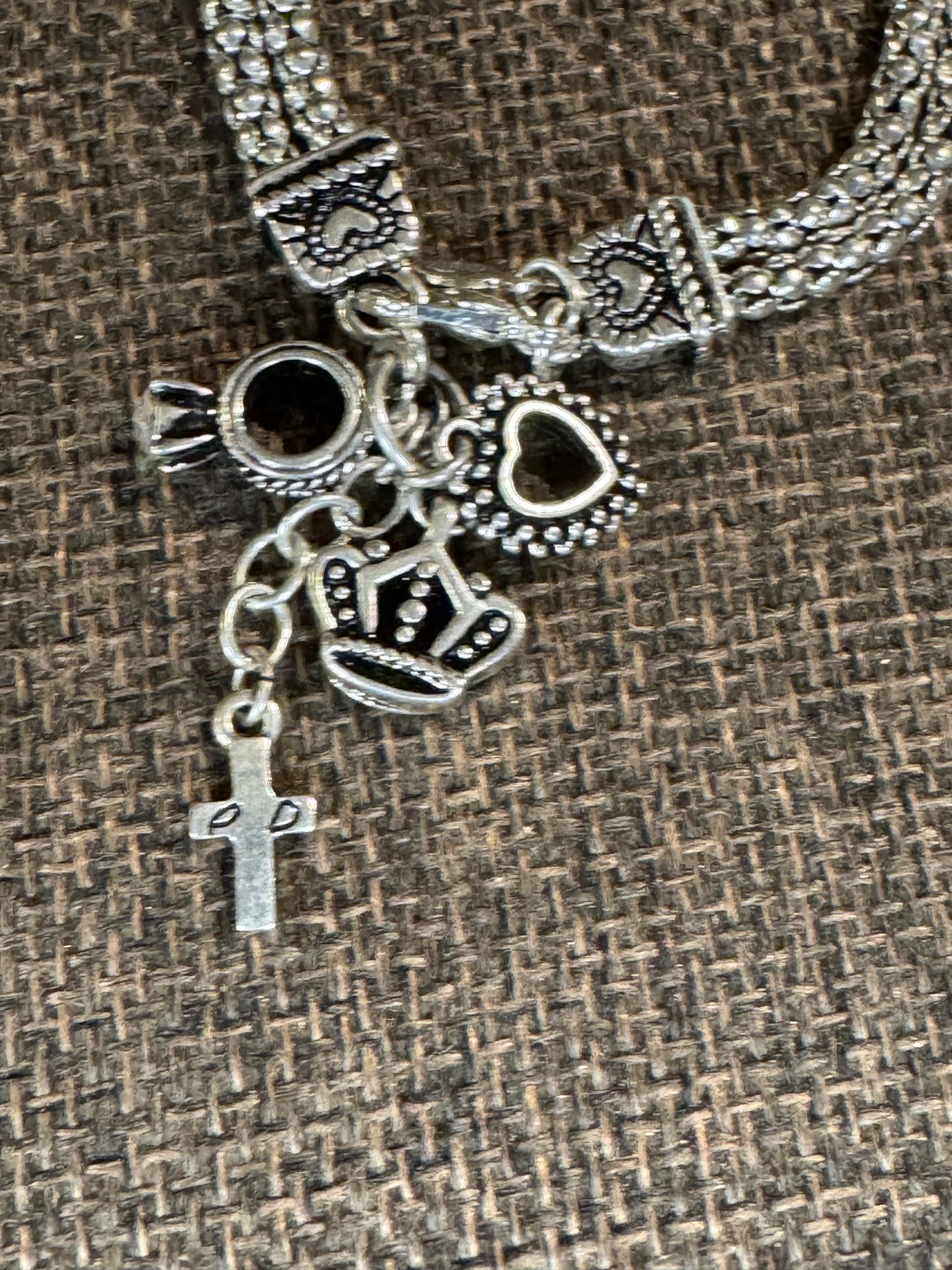 Signed Premier Designs Silver Hostess Charm Bracelet | Heart, Crown, Cross & Ring