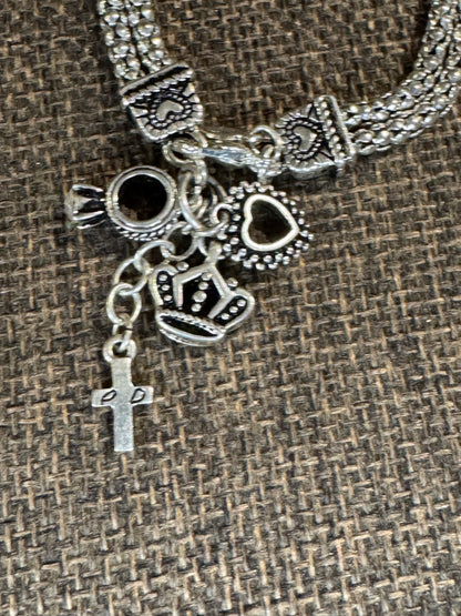 Signed Premier Designs Silver Hostess Charm Bracelet | Heart, Crown, Cross & Ring
