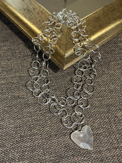 Multi-Strand Open Circle Link Necklace | Silver-Tone with Heart Pendant