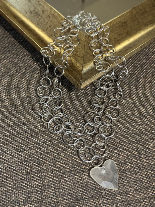 Multi-Strand Open Circle Link Necklace | Silver-Tone with Heart Pendant