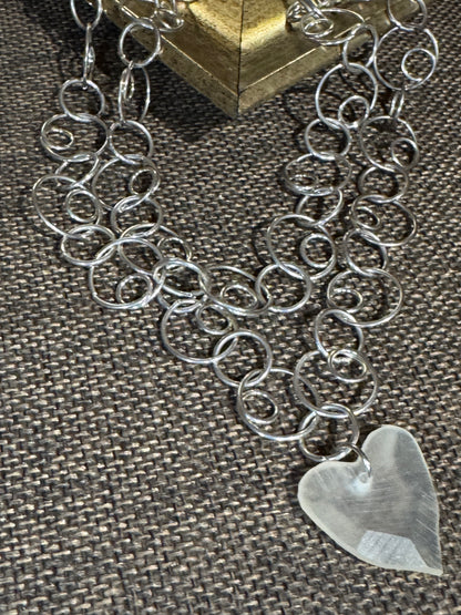 Multi-Strand Open Circle Link Necklace | Silver-Tone with Heart Pendant
