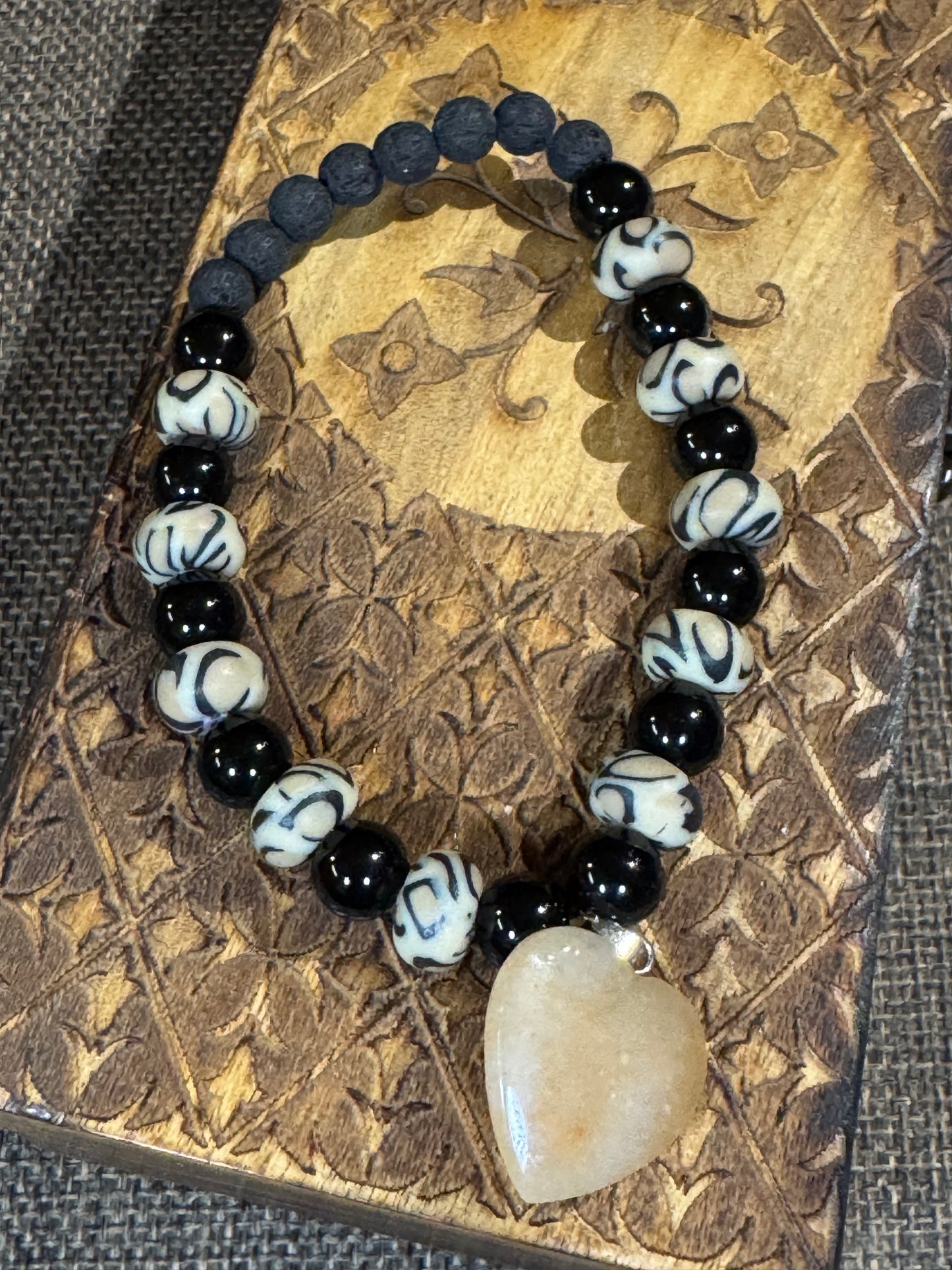 Beaded Black Lava & Onyx Bracelet with Heart Pendant | Grounding & Protective Stones
