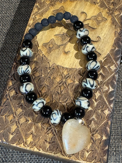 Beaded Black Lava & Onyx Bracelet with Heart Pendant | Grounding & Protective Stones