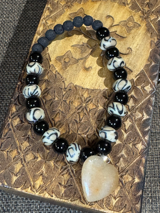 Beaded Black Lava & Onyx Bracelet with Heart Pendant | Grounding & Protective Stones
