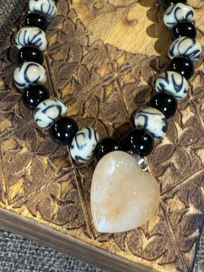 Beaded Black Lava & Onyx Bracelet with Heart Pendant | Grounding & Protective Stones