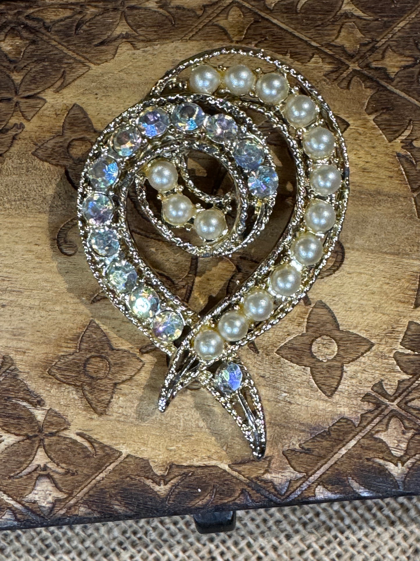 Vintage Faux Pearl & Rhinestone Swirl Brooch