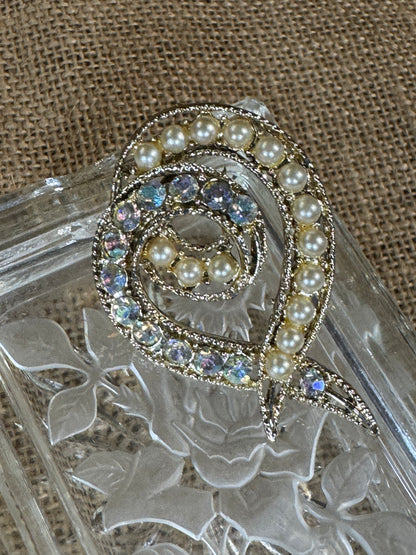 Vintage Faux Pearl & Rhinestone Swirl Brooch