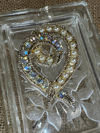 Vintage Faux Pearl & Rhinestone Swirl Brooch