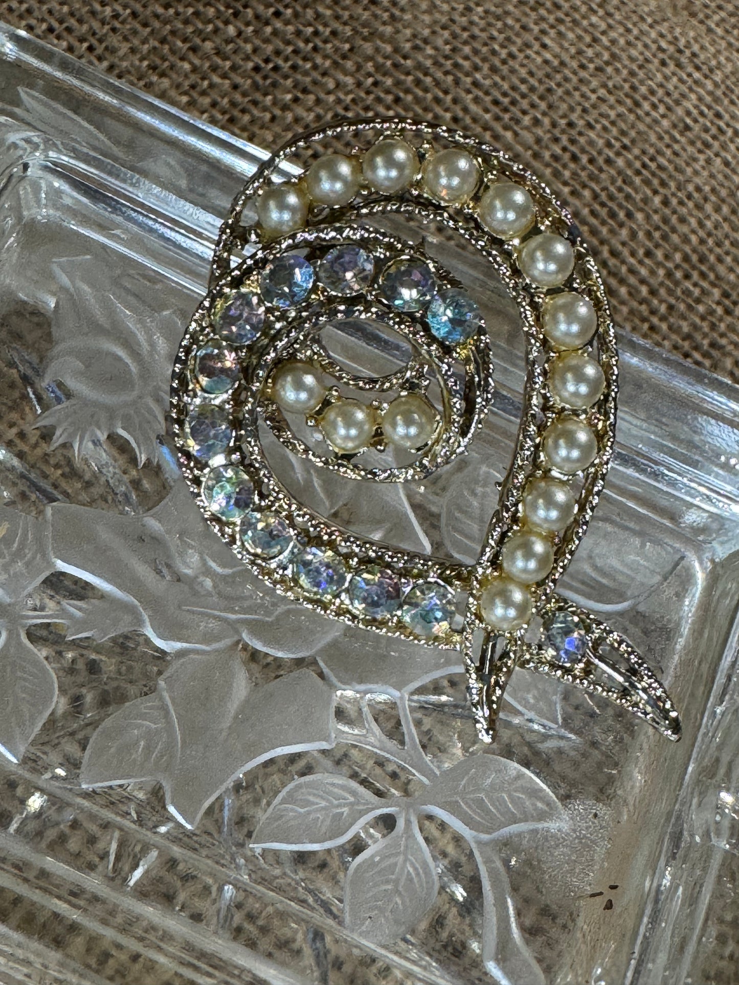 Vintage Faux Pearl & Rhinestone Swirl Brooch
