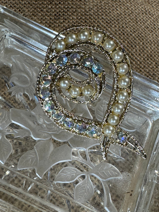 Vintage Faux Pearl & Rhinestone Swirl Brooch