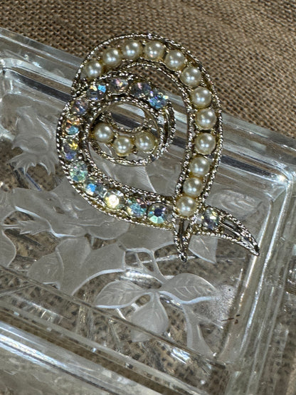 Vintage Faux Pearl & Rhinestone Swirl Brooch