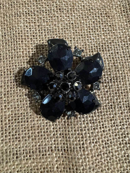 Vintage Liz & Co Black Rhinestone Flower Brooch